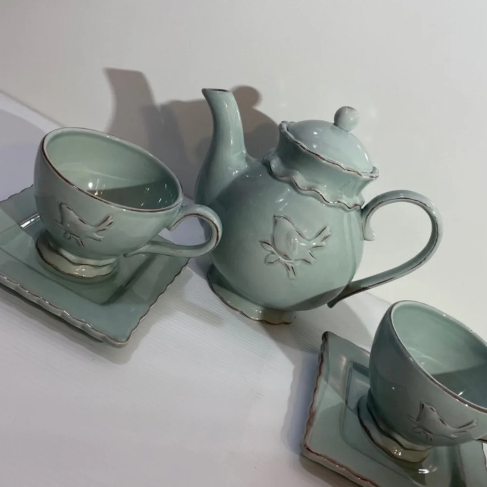 Vintage Tea Set Bird Teapot Teacup Delicate Floral Hand Painted Hand Crafted Art